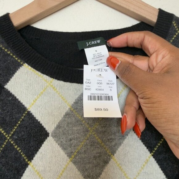 NEW J. Crew Women Cashmere Wool Argyle Sweater Small Black Preppy Academia Gray - Picture 3 of 7